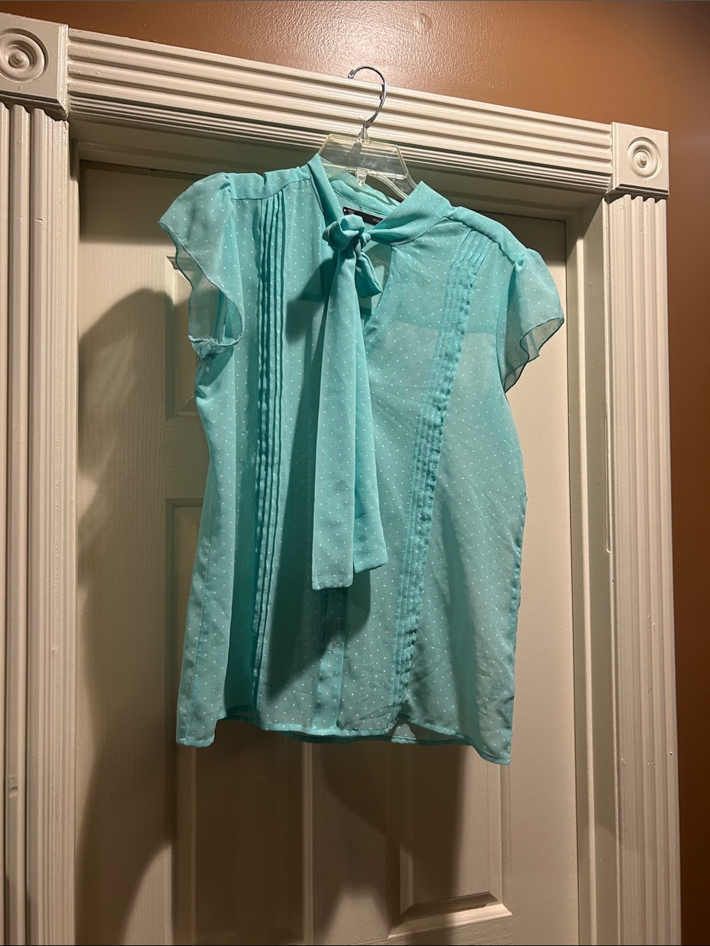 Maurices Light Aqua Tie-Neck Dot Blouse